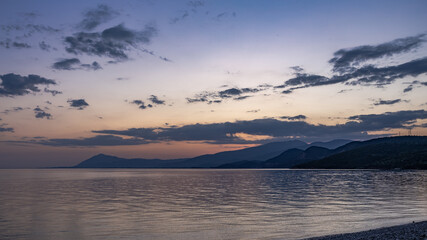 Aerial Drone View of  Sunset over Gulf of Corinth, Central Greece, viewed from Skaloma