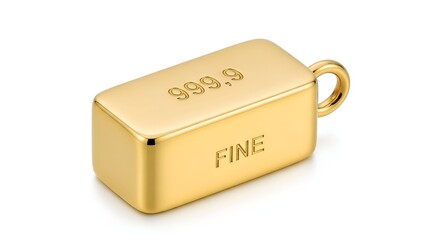 A miniature pure gold ingot pendant marked with 999.9 fine purity, representing investment and wealth, isolated on a white background