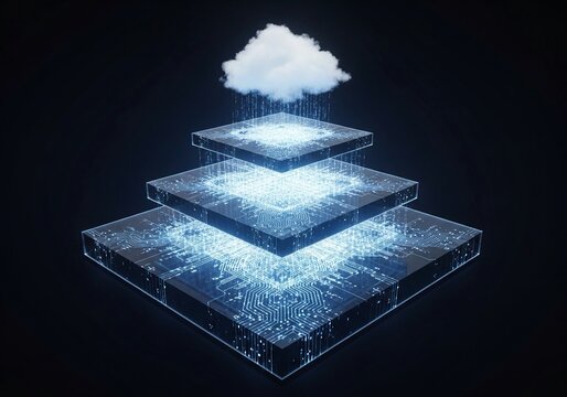 Dynamic cloud computing architecture with data streams connecting glowing digital circuit boards, showcasing modern technology, secure networks, and innovative data processing solutions.