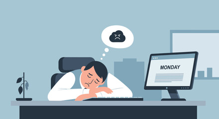 Employee experiencing extreme fatigue and sadness on a Monday