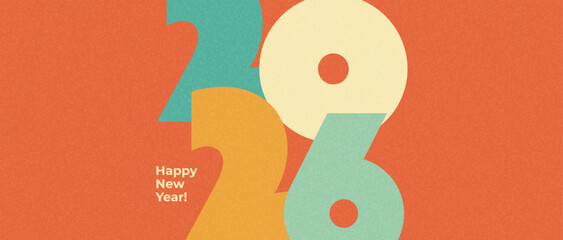 Retro New Year banner with bold 2026 typography in warm orange, cream and mint shades. Textured grainy banner. Perfect for festive promotions, holiday greetings, and modern seasonal designs