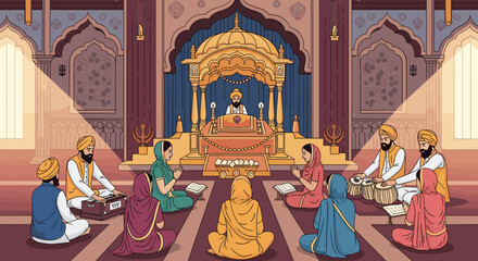 Sikh congregation gathers for spiritual devotion and communal prayer in a gurdwara