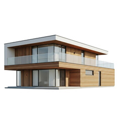Modern twostory house with wood siding and glass railings isolated on transparent background