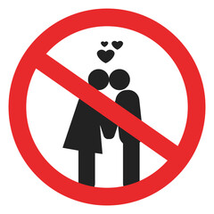Isolated illustration of stick figures kissing and cuddling to sign prohibiting indecent acts in this area.