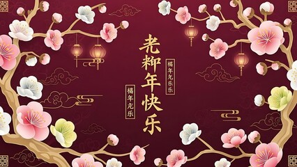 Happy Chinese New Year greeting card with blooming cherry blossoms and traditional lanterns on a rich red background, celebrating spring and new beginnings