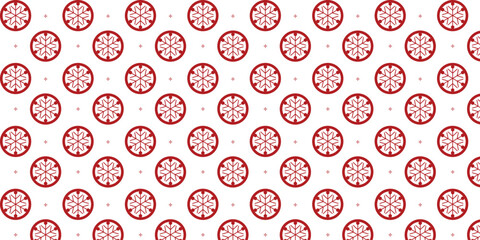 Seamless festive pattern with circular red snowflake emblems and tiny star accents on a clean white background, perfect for Christmas wrapping paper, textiles, packaging, greeting cards and modern win