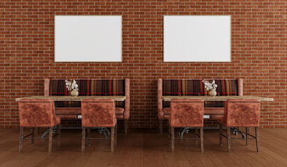Cozy Rustic Café Interior with Dual Blank Poster Frames on Red Brick Wall – Warm Lighting, Vintage Seating Booths, Decorative Vases, Restaurant Wall Art Mockup