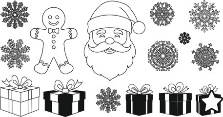 Black and white Christmas illustration with Santa Claus face, gingerbread man, snowflakes, and wrapped gift boxes festive vector design
