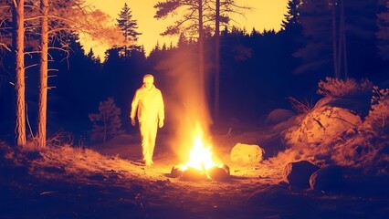 A lone figure mysteriously illuminated by the warm glow of a campfire in a dark, silent forest at dusk