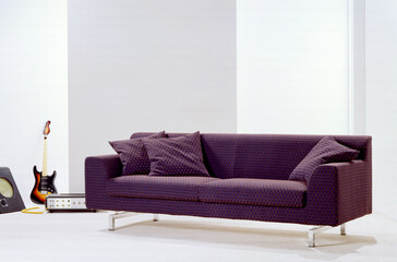 Single shot photo of a room with a sofa