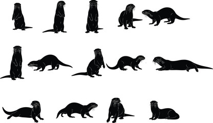 Playful Otter Silhouettes Set: Various Poses, Standing, Swimming, Playing, Nature, Wildlife, River Animals, Black Vector Illustration Collection.