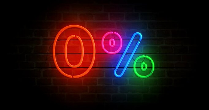 Zero percent sale discount neon symbol on brick wall. 0 promotion offer light color bulbs. Loopable and seamless abstract concept animation. - Powered by Adobe