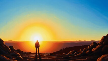 A solitary traveler stands amidst a rugged landscape, gazing at a magnificent sunrise, its golden light illuminating the horizon and inspiring a sense of awe and contemplation