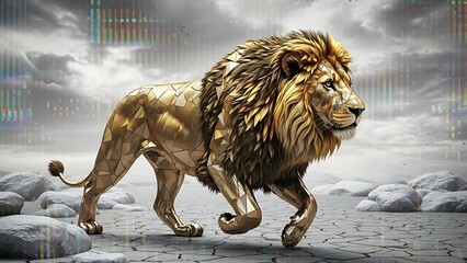 Majestic Golden Lion Walking on Rocky Terrain with Digital Glitch Overlay