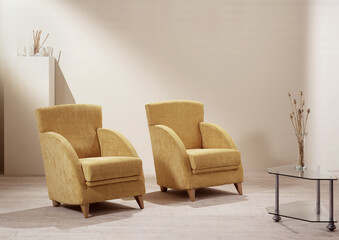 Single shot photo of a room with armchairs