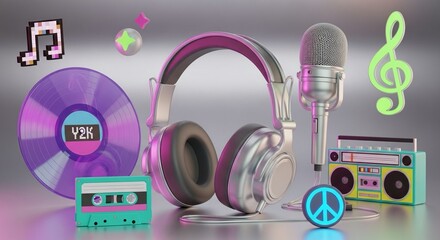Immerse yourself in Y2K vibes with retro music accessories, including classic headphones, vinyl record, and iconic boombox bringing back nostalgic memories with upbeat energy