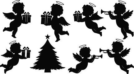 Christmas angel silhouettes holding gifts and playing trumpets with Christmas tree, festive winter holiday black vector illustration design