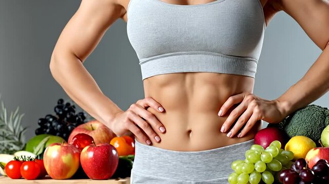 Sculpted physique, healthy eating principles, vibrant produce assortment, showcasing dietary discipline and optimal nourishment, embodying vitality and wellness.