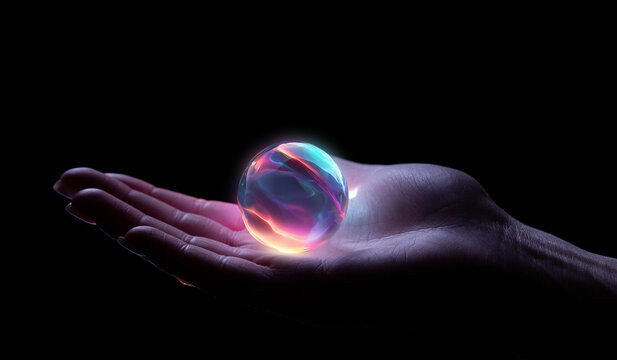 Hand holding glowing holographic sphere hovering above palm. Concept of futuristic control, AI interaction visuals, digital energy objects, and immersive technology demonstrations.