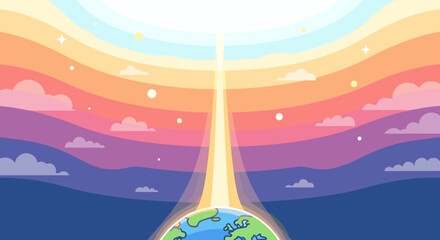 Bright energy beam rising from Earth towards a spectrum of colors
