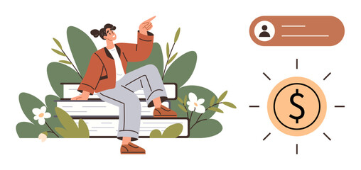 Woman seated on stacked books surrounded by plants points upward, accompanied by a dollar icon and user profile. Ideal for education, finance, learning, progress, success, growth career. Simple flat