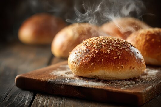 Close-up of fresh bakery-style hamburger buns with sesame tops and steam