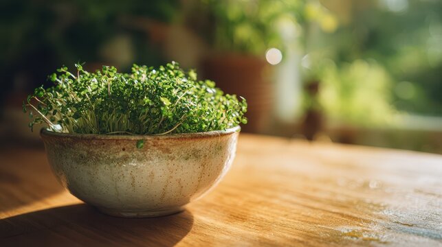 Close-up of fresh microgreens and alfalfa sprouts in a ceramic bowl on a wooden counter