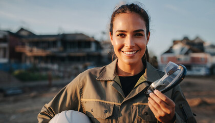 Resilient Professional at Construction Site: A strong woman stands confidently in the construction site, holding her equipment.