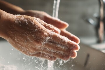 Close-up of hands washing with soap under running water in a clean bathroom sink