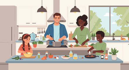 A happy diverse family enjoying cooking together in their bright kitchen