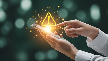 Smartphone alert hand tapping screen with glowing warning triangle and bokeh background