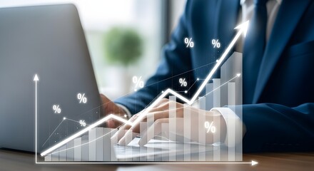 Business growth visualization man working on laptop with rising graph overlay