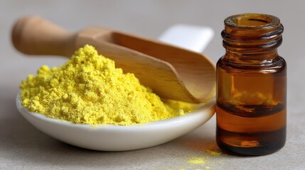 Close-up of pure yellow sulfur powder with glass vial and wooden scoop on a white surface