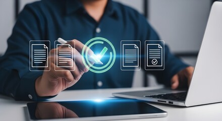 Man approving digital documents with checkmark on laptop for workflow automation