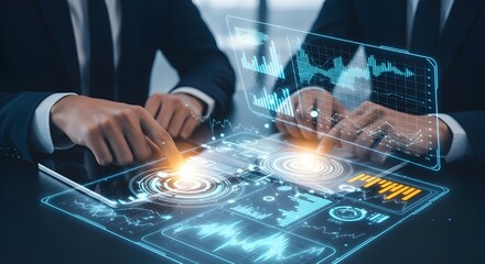 Business professionals analyzing data on a futuristic holographic interface with glowing elements