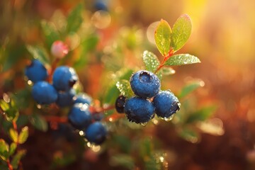 Close-up of ripe blueberries on a lush blueberry bush in a sunlit natural setting