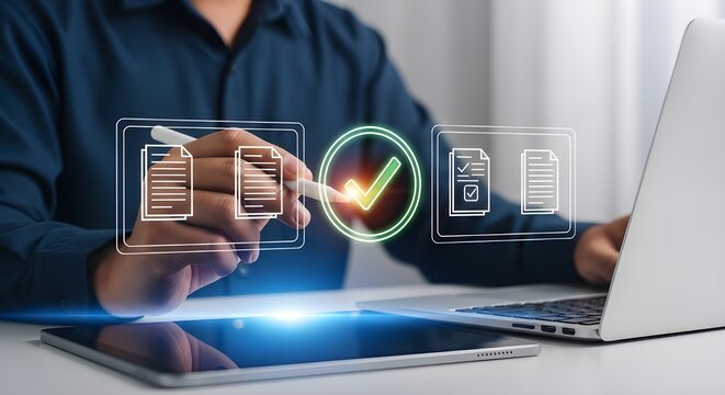 Man approving documents digitally with a stylus on a tablet and laptop - Powered by Adobe