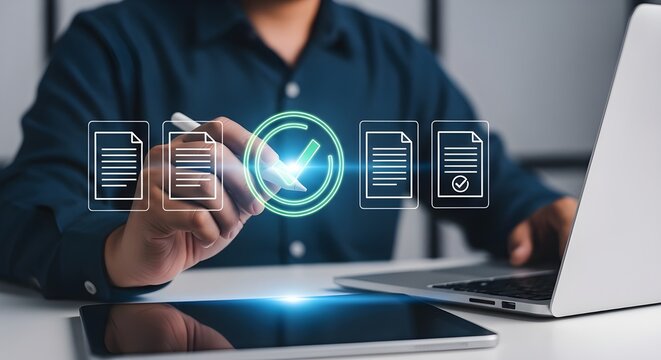 Man approving digital documents with checkmark on laptop for workflow automation