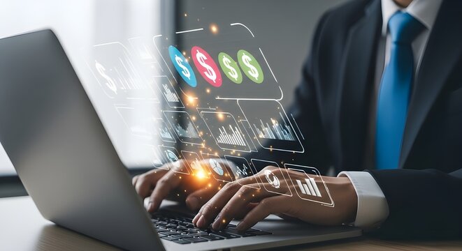 Businessman typing on laptop with digital currency and financial growth overlay