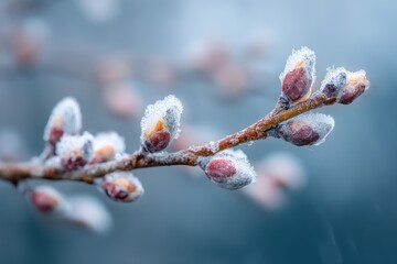 Close-up of snow-covered buds on a winter branch in soft snowfall
