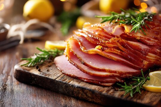 Close-up of smoked ham slices arranged on a cutting board with herbs for a gourmet presentation - Powered by Adobe