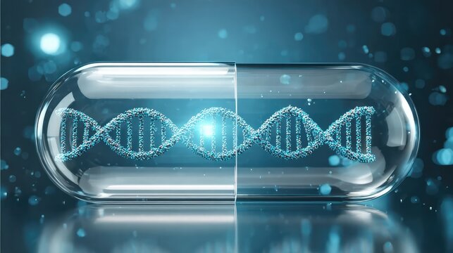 A vibrant image of a DNA helix encapsulated within a transparent capsule, illustrating advancements in medicine and healthcare