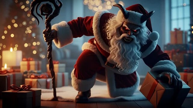 Scary krampus santa claus monster with glowing eyes holding a staff, ready for christmas. Scary creature for horror celebration.