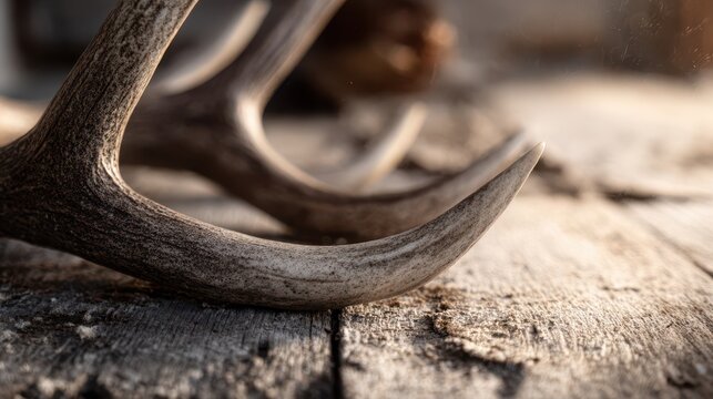 Close-up of weathered antlers on rustic wooden surface bathed in warm natural light
