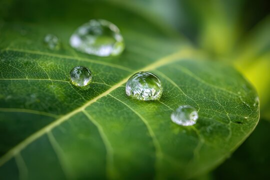 Close-up of water droplets on a fresh green leaf under natural sunlight