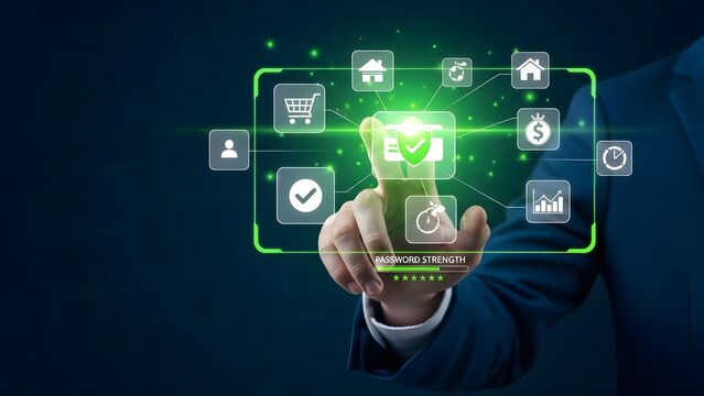 Businessman interacting with digital interface for financial management and data analysis