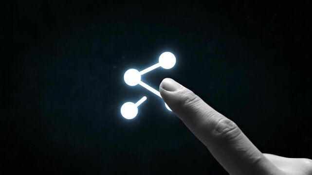 Cinematic slow motion close-up of a finger activating a glowing network connection node, triggering data expansion on a futuristic dark screen. 4K.