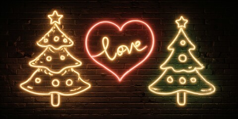Neon christmas trees and love heart on brick wall