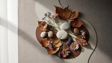 Aesthetic Arrangement of Dried Leaves, Flowers, and Smooth Stones with Medicinal Pills