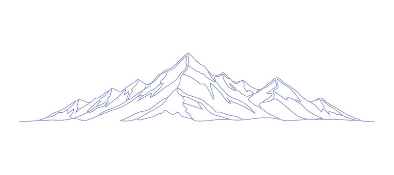 A continuous line sketch of a mountain landscape silhouette. This web banner showcases the mountain ridges in a simple linear style. It's an isolated concept for winter sports adventures.